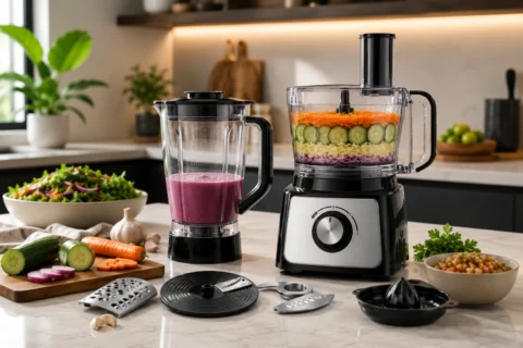 Multiprocessador de alimentos com copo de liquidificador e acessórios em bancada de cozinha moderna.