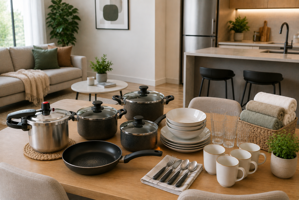Itens essenciais para primeira casa com panelas, aparelho de jantar, talheres, copos e toalhas em ambiente moderno e organizado.