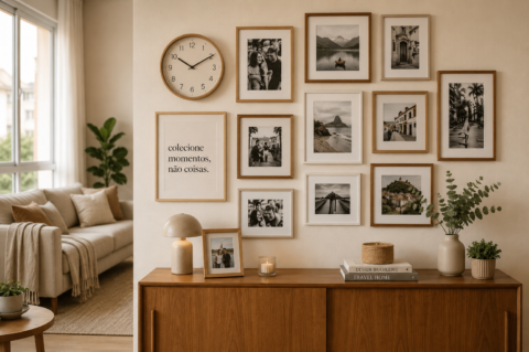 Galeria de fotos com porta-retratos de parede e de mesa, relógio de parede e quadro decorativo em sala de estar moderna, com decoração clean e móveis de madeira.