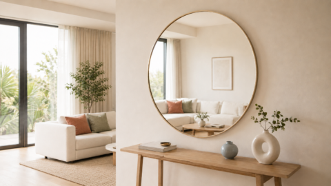 Espelho redondo com moldura dourada em sala moderna e clean, decorada com sofá claro, plantas e aparador de madeira.