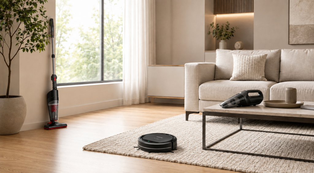 Sala moderna com aspirador vertical encostado na parede, robô aspirador no tapete e aspirador portátil sobre a mesa.