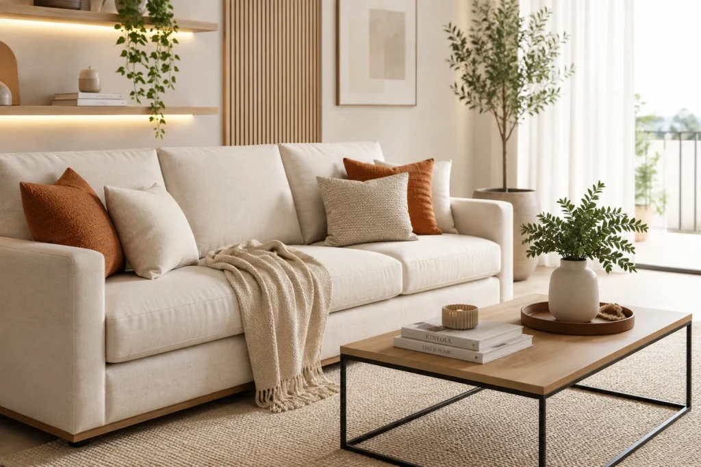 Sala de estar moderna com sofá claro, almofadas, manta, plantas e itens de decoração.
