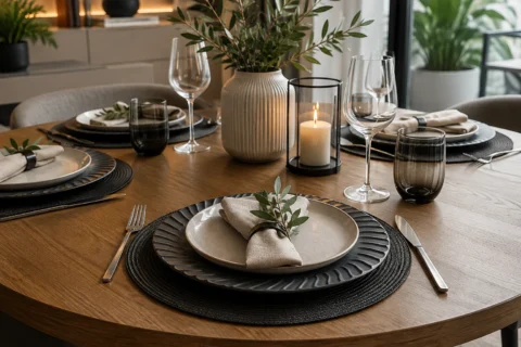 Mesa posta moderna com sousplat preto e jogo americano redondo, combinados com pratos e decoração elegante.