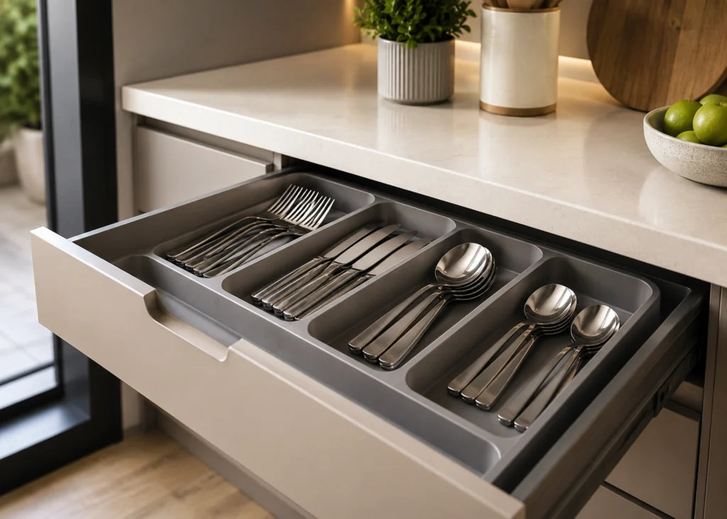 Talheres de inox organizados em porta-talheres dentro da gaveta de uma cozinha moderna.