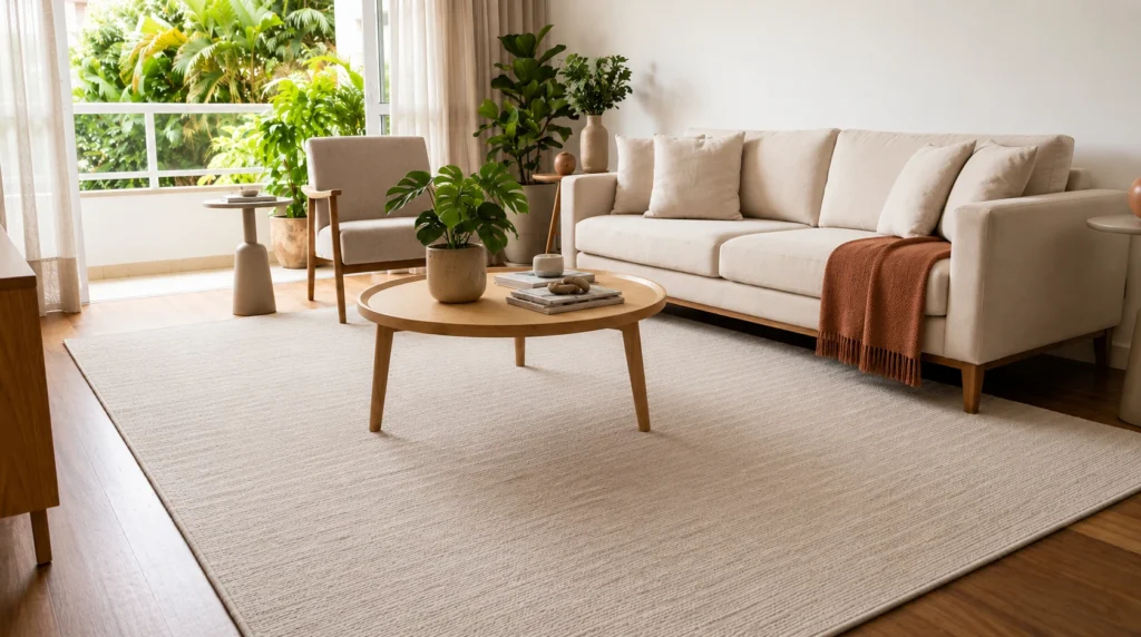 apete para sala em tom bege decorando ambiente moderno com sofá claro e mesa de centro.