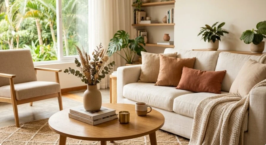 Sala de estar moderna e aconchegante com sofá bege, almofadas em tons terrosos, mesa de centro de madeira, poltrona, plantas ornamentais, manta decorativa e luz natural, seguindo as tendências de decoração 2026.