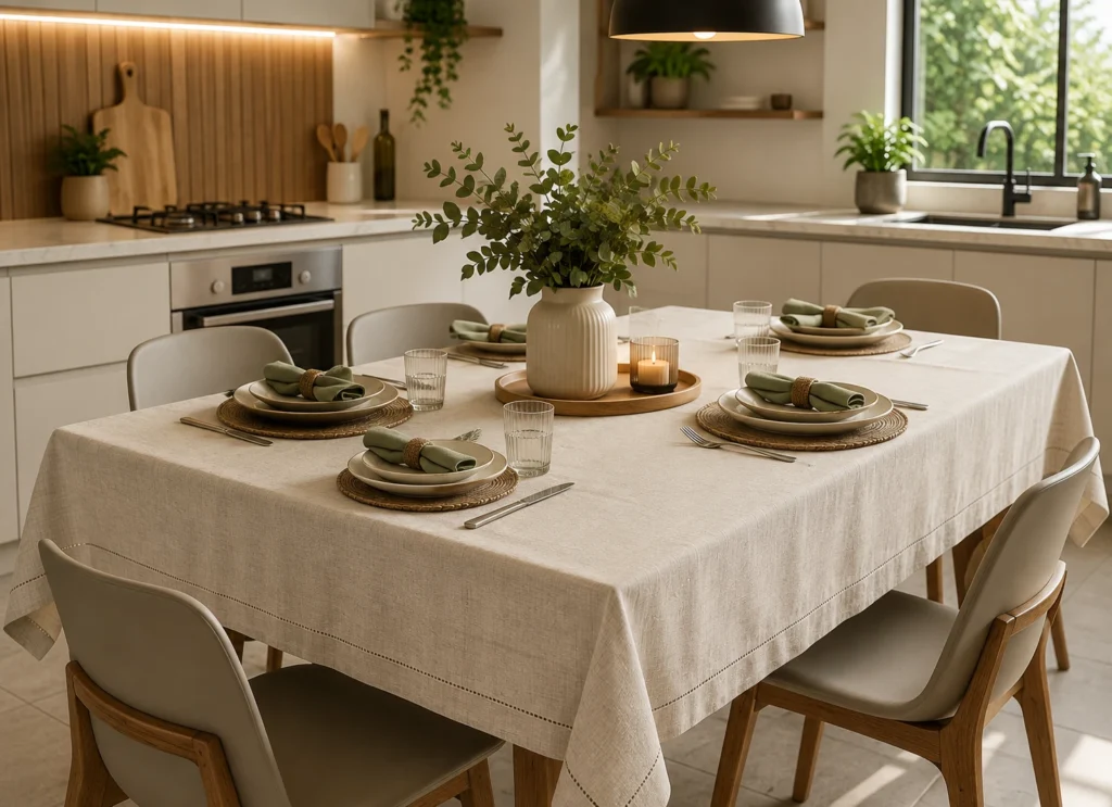 Toalha de mesa bege em mesa posta dentro de uma cozinha moderna e aconchegante.