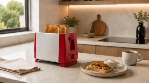 Torradeira vermelha e inox com duas fatias de pão em uma bancada de cozinha moderna, ao lado de café e torrada com acompanhamentos.
