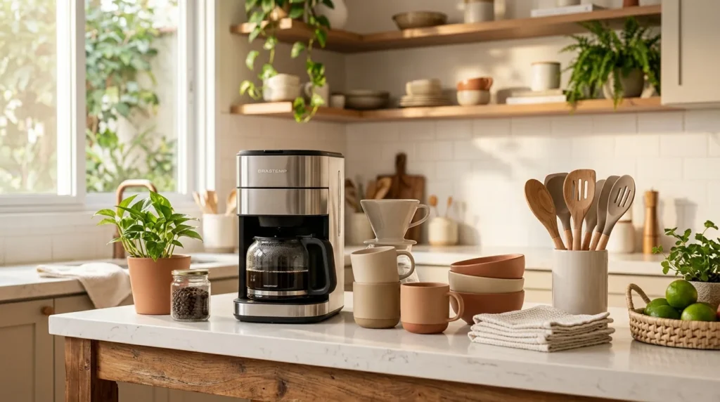 Cozinha moderna com cafeteira elétrica, xícaras, utensílios de madeira e panos de prato organizados sobre bancada, representando produtos para aproveitar a Black Friday.
