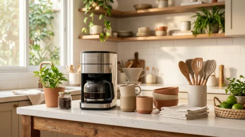 Cozinha moderna com cafeteira elétrica, xícaras, utensílios de madeira e panos de prato organizados sobre bancada, representando produtos para aproveitar a Black Friday.