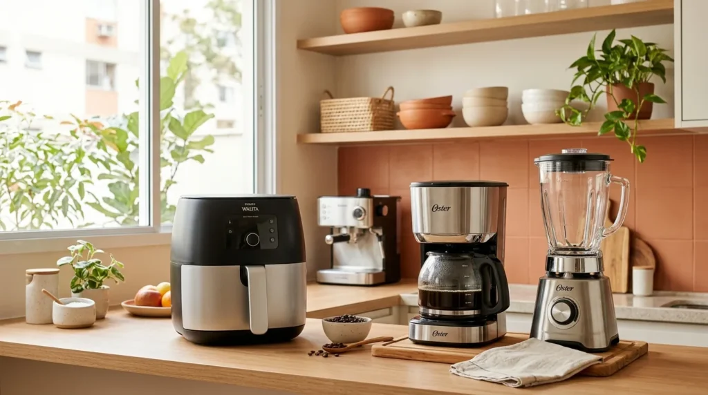 Cozinha equipada com airfryer, cafeteira e liquidificador organizados sobre a bancada, representando eletroportáteis para o dia a dia.