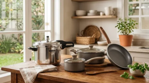 Panela de pressão, jogo de panelas e frigideira sobre bancada de madeira em cozinha moderna.