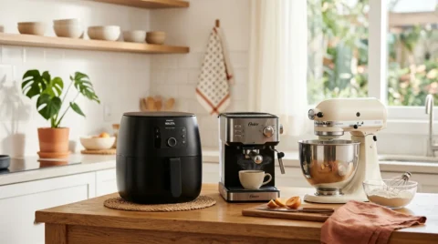 Airfryer, cafeteira e batedeira sobre bancada de madeira em cozinha moderna e iluminada, representando eletroportáteis para a Black Friday.