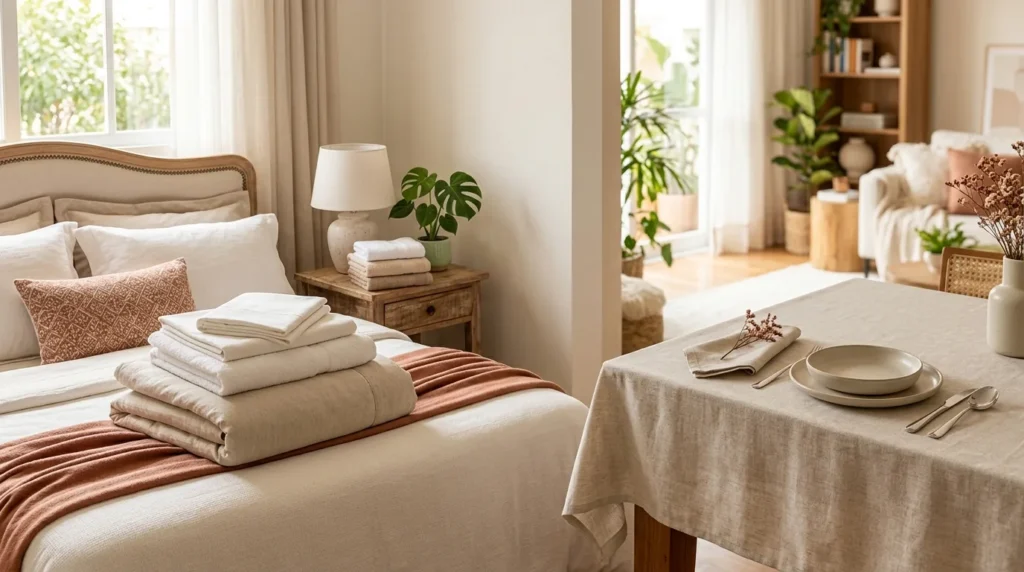 Enxoval de cama, mesa e banho com roupas de cama, toalhas e mesa posta em ambiente organizado e aconchegante.