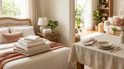 Enxoval de cama, mesa e banho com roupas de cama, toalhas e mesa posta em ambiente organizado e aconchegante.