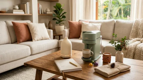 Ideias de presentes para casa na Black Friday, com cafeteira e itens de decoração em sala aconchegante com detalhes natalinos.