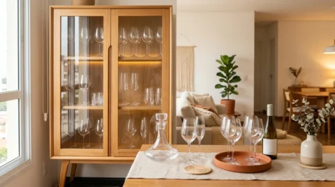 Cristaleira de madeira com taças e copos organizados, acompanhada de decanter, garrafa de vinho e taças sobre mesa posta.