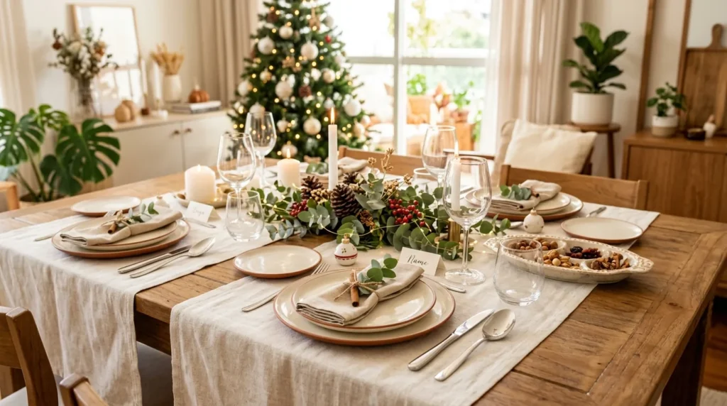 Mesa posta de Natal com pratos, talheres, taças, guardanapos e centro de mesa decorado com folhagens, pinhas e velas.