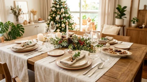 Mesa posta de Natal com pratos, talheres, taças, guardanapos e centro de mesa decorado com folhagens, pinhas e velas.