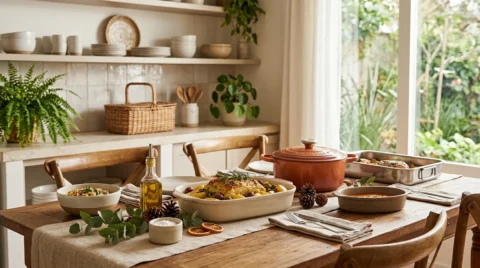 Mesa de ceia de Natal e Ano Novo com assadeiras, travessas de cerâmica e panela com tampa, acompanhadas de pratos preparados para servir em uma cozinha aconchegante.
