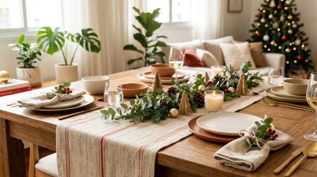 Mesa de Natal decorada com trilho de mesa, louças em tons neutros, velas, folhagens e enfeites natalinos em ambiente acolhedor.