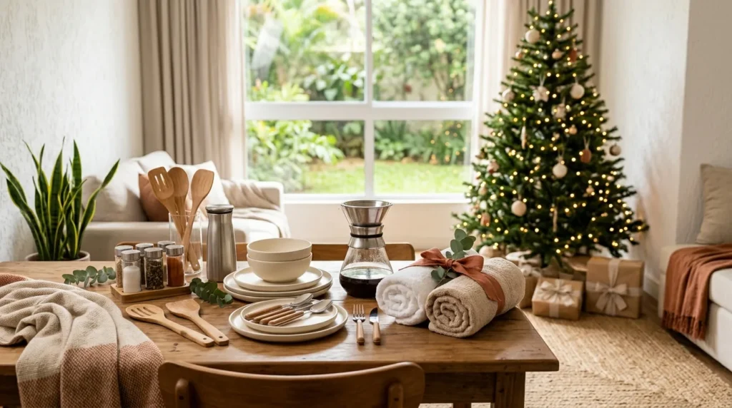 Presentes de Natal para primeira casa com utensílios de cozinha, louças, toalhas e itens para o lar em ambiente natalino.