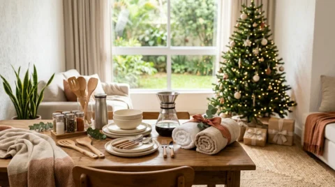 Presentes de Natal para primeira casa com utensílios de cozinha, louças, toalhas e itens para o lar em ambiente natalino.
