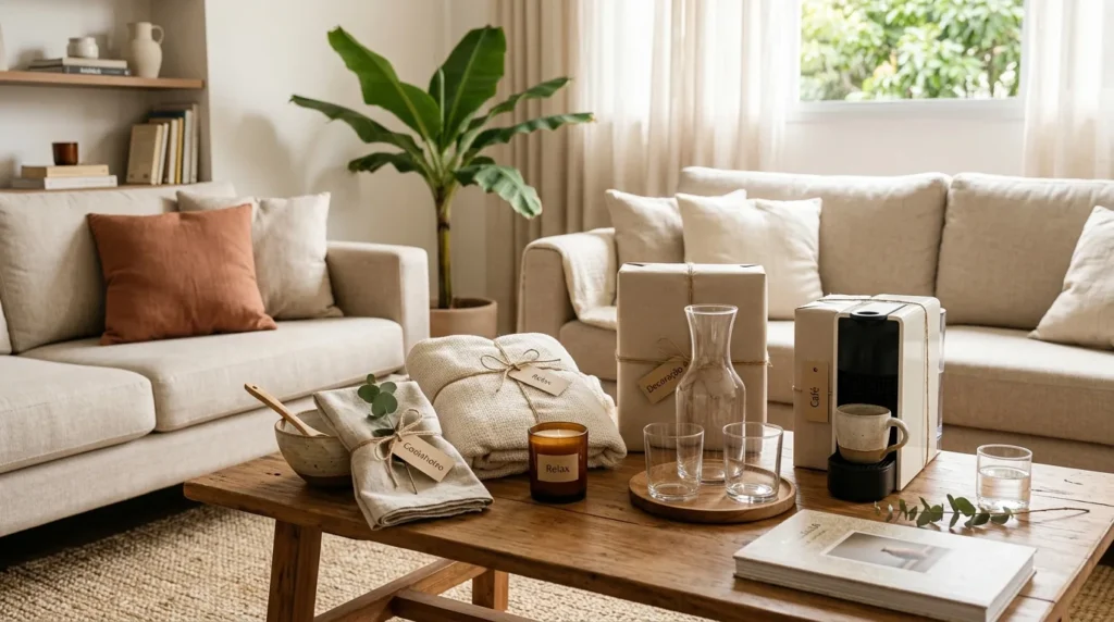 Sala de estar aconchegante com presentes de amigo secreto para casa, incluindo manta, caneca, cafeteira, vela aromática e utensílios domésticos sobre mesa de madeira.
