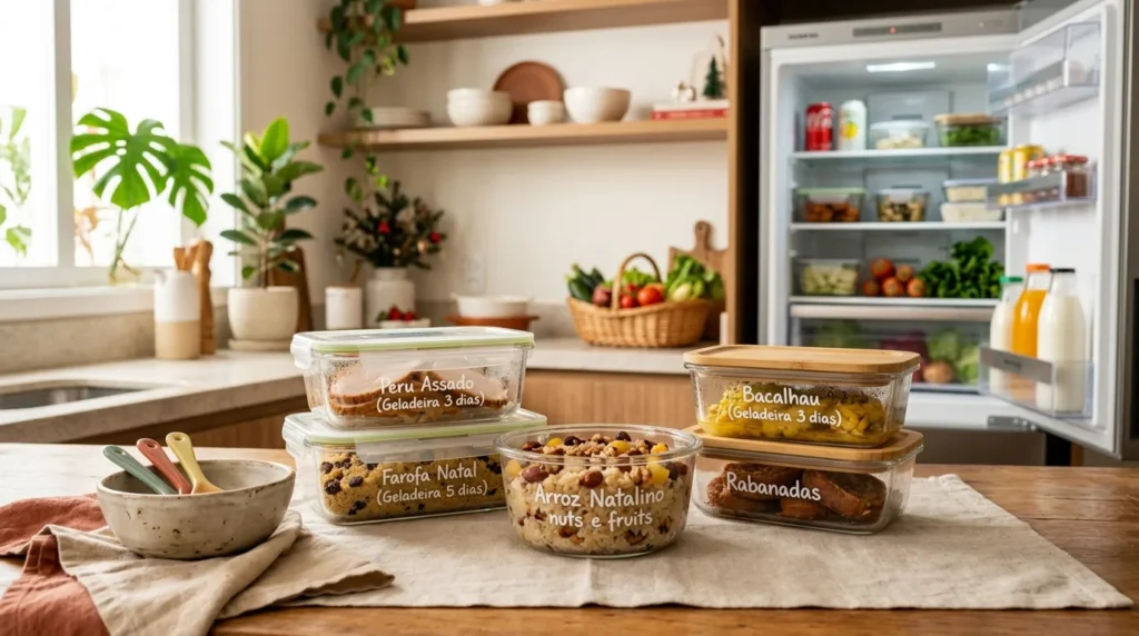Potes herméticos com sobras da ceia de Natal, incluindo peru assado, farofa, arroz natalino, bacalhau e rabanadas, organizados sobre uma bancada de cozinha com geladeira aberta ao fundo, mostrando como armazenar sobras da ceia.
