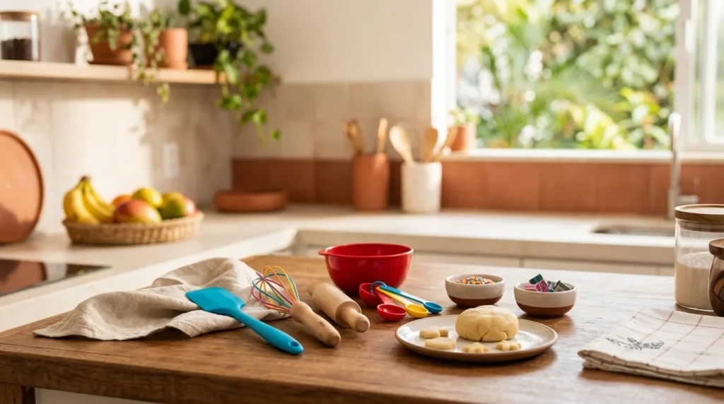Utensílios para cozinhar com crianças nas férias, incluindo espátula de silicone, fouet colorido, rolo de massa, tigela e colheres medidoras, organizados sobre uma mesa de madeira com massa de biscoitos em uma cozinha iluminada.
