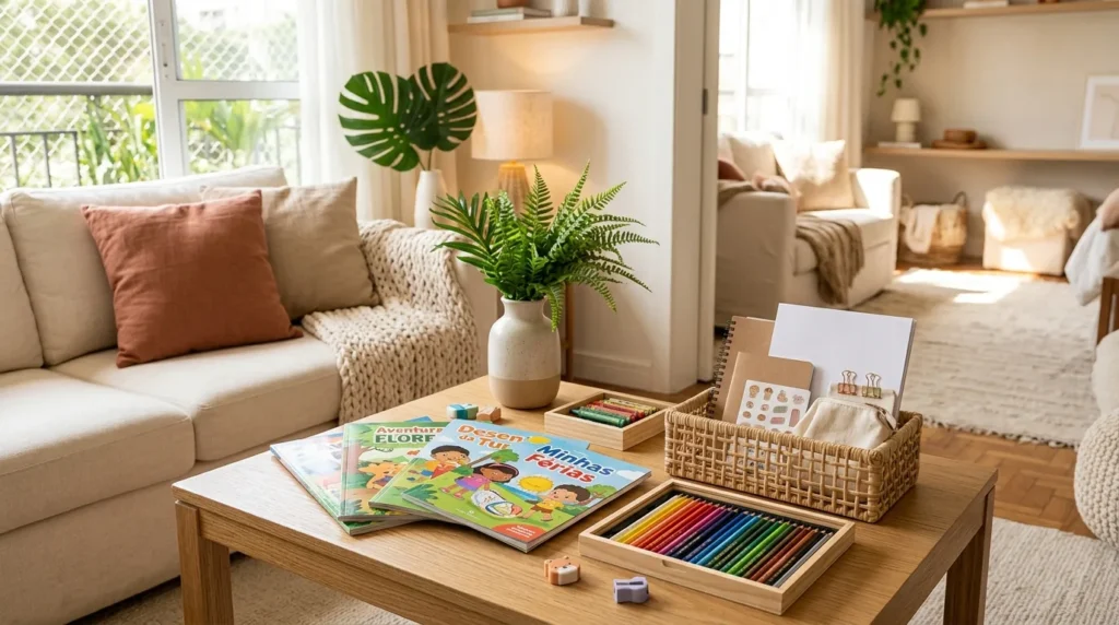 Kit de férias escolares organizado sobre mesa de madeira, com livros infantis para colorir, lápis de cor, materiais de papelaria e cesta organizadora em uma sala aconchegante.