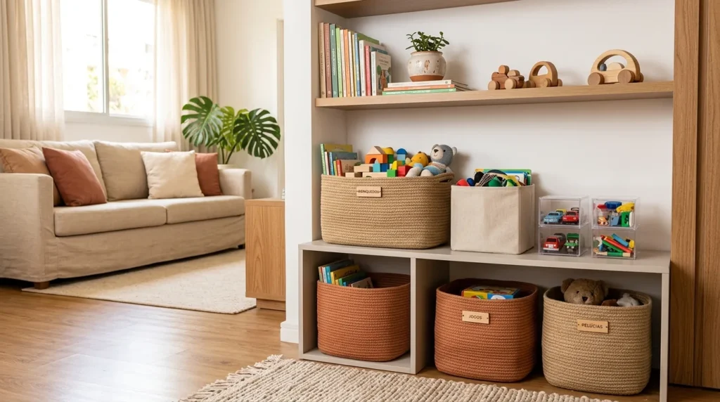 Brinquedos organizados em cestos de tecido, caixas transparentes e prateleiras baixas em uma sala de estar, mostrando como organizar brinquedos nas férias e manter a casa em ordem.