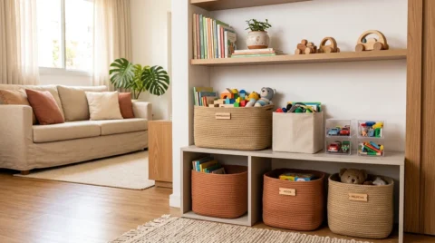 Brinquedos organizados em cestos de tecido, caixas transparentes e prateleiras baixas em uma sala de estar, mostrando como organizar brinquedos nas férias e manter a casa em ordem.