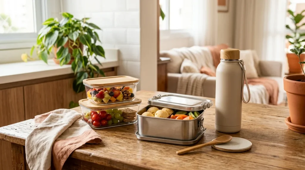 Lanches nas férias organizados em potes herméticos com frutas, uvas e biscoitos, marmita de inox com alimentos e garrafa térmica sobre uma mesa de madeira.
