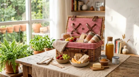 Cesta de piquenique de vime com forro xadrez vermelho e branco, organizada com frutas, pães, potes de alimentos e toalha, acompanhada de garrafa de bebida, copos e utensílios sobre mesa de madeira.