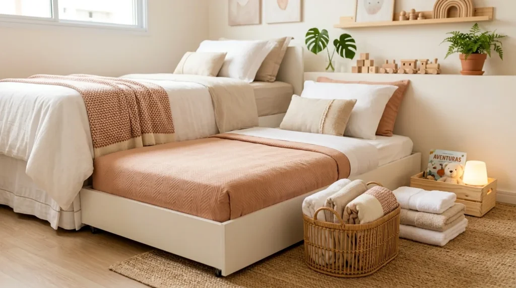 Quarto aconchegante preparado para festa do pijama infantil, com cama de casal, cama auxiliar, travesseiros, mantas e cobertores em tons neutros.