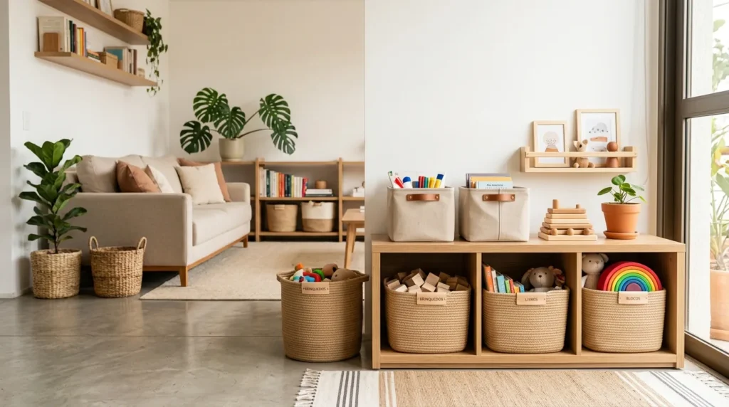 Sala de estar integrada ao espaço infantil, com cestos organizadores de brinquedos, livros e materiais escolares, prateleiras de madeira e decoração em tons neutros, facilitando a organização com crianças em casa.