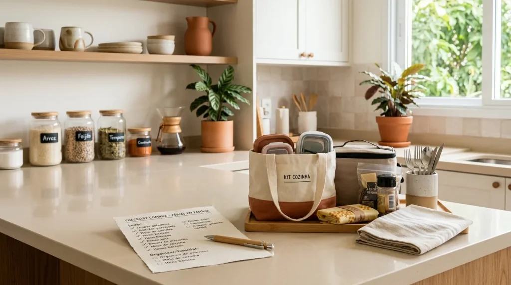 29_viagem-em-familia-nas-ferias-checklist-de-cozinha-.webp Cozinha organizada para viagem em família nas férias, com checklist sobre a bancada, bolsa com potes herméticos, utensílios de cozinha, temperos e pano de prato.