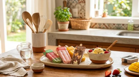 Sobremesas geladas com picolés de frutas e sorvete caseiro sobre bancada de cozinha, acompanhadas de utensílios para preparo.