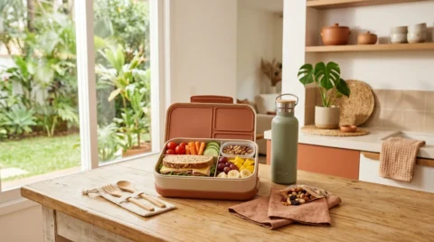 Lancheira saudável para volta às aulas, com sanduíche integral, frutas, legumes e cereais organizados em compartimentos, acompanhada de garrafa de água reutilizável e talheres infantis sobre mesa de madeira.