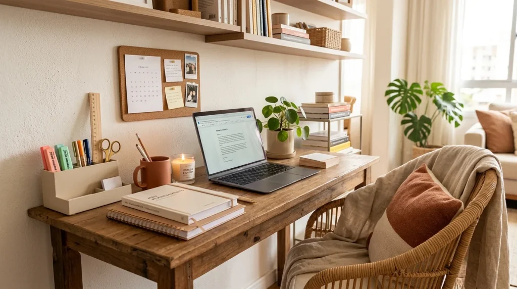 Cantinho dos estudos organizado com mesa de madeira, notebook, cadernos, porta-canetas, prateleiras com livros e caixas organizadoras, em ambiente aconchegante com iluminação natural.