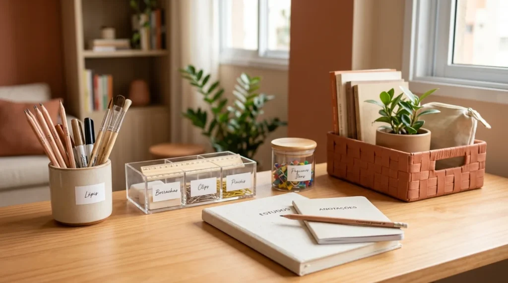 Material escolar organizado em mesa de estudos com lápis, canetas, régua, pequenos organizadores, cadernos e cesta de armazenamento.