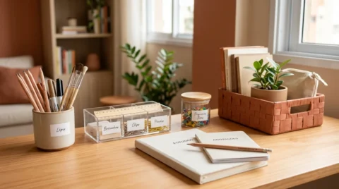 Material escolar organizado em mesa de estudos com lápis, canetas, régua, pequenos organizadores, cadernos e cesta de armazenamento.