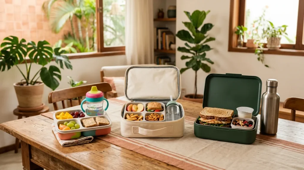 Kits de merenda escolar com lancheiras térmicas, potes com divisórias, frutas, sanduíches, snacks e garrafas de água organizados sobre uma mesa de madeira.