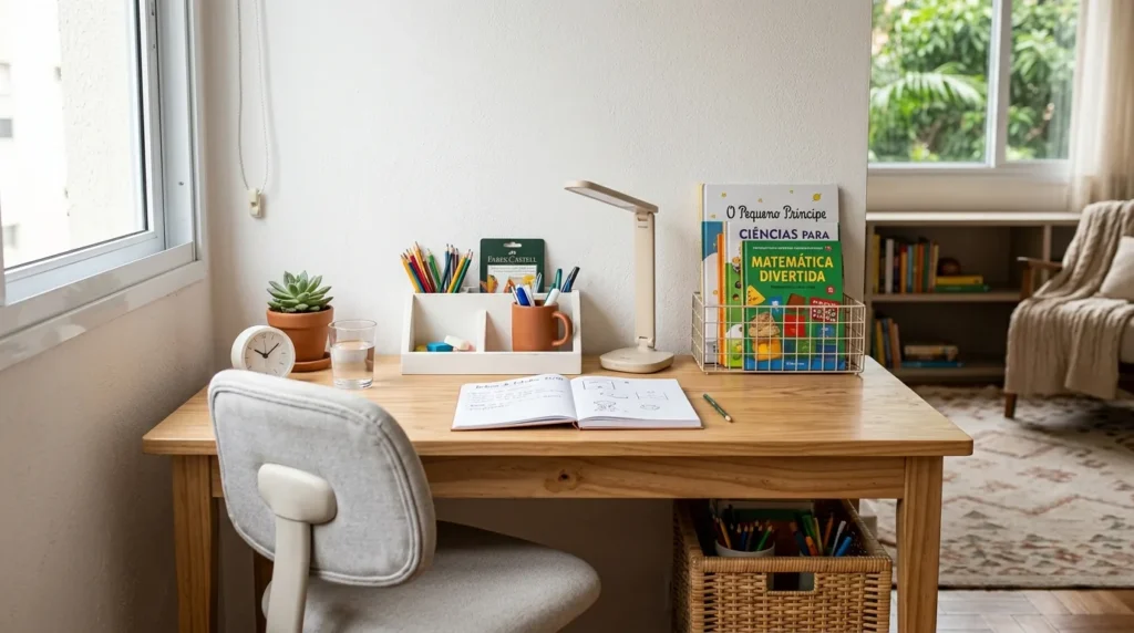 36_rotina-de-estudos-como-organizar-a-mesa-para-a-cri.webp Mesa de estudos infantil organizada com livros, caderno, lápis, luminária e cesto para materiais escolares em ambiente claro.