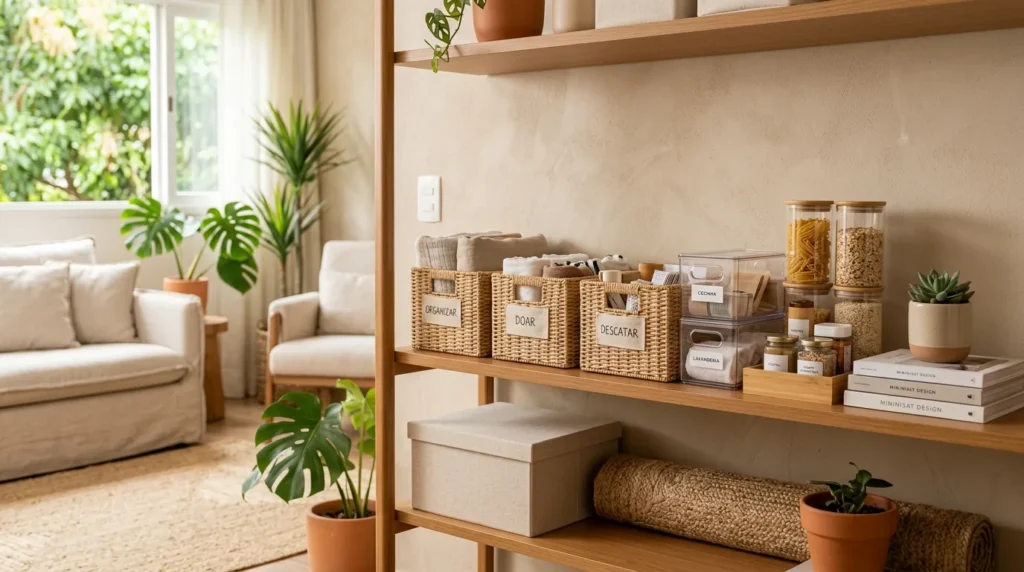 Estante de madeira em sala organizada com cestos identificados para organizar, doar e descartar, caixas organizadoras, potes transparentes e plantas decorativas, ilustrando o detox da casa.