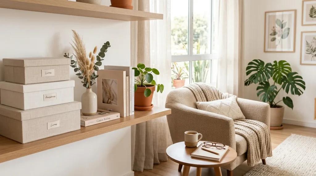 Sala de estar organizada com caixas organizadoras em prateleiras de madeira, livros, plantas decorativas e poltrona bege com manta e almofada, em ambiente iluminado.