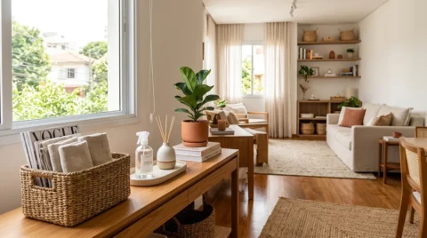 Sala de estar organizada e aconchegante, com cestos organizadores de fibra natural, móveis de madeira, sofá claro, prateleiras e itens de decoração que ajudam a manter a casa organizada.