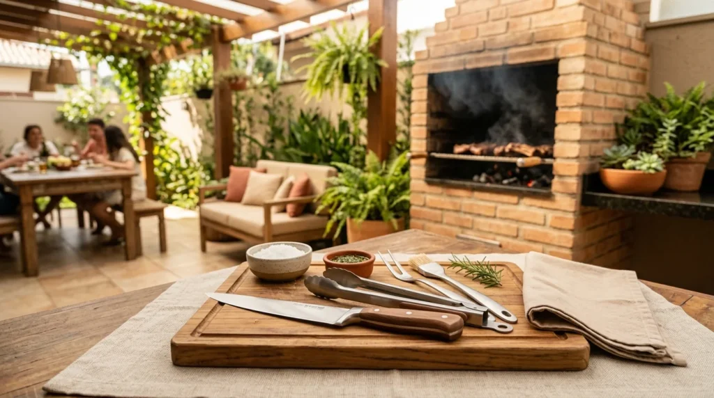 Utensílios para churrasco de verão, incluindo faca, pegador, garfo trinchante e tábua de madeira com temperos, em área gourmet com churrasqueira de tijolos.