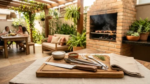 Utensílios para churrasco de verão, incluindo faca, pegador, garfo trinchante e tábua de madeira com temperos, em área gourmet com churrasqueira de tijolos.